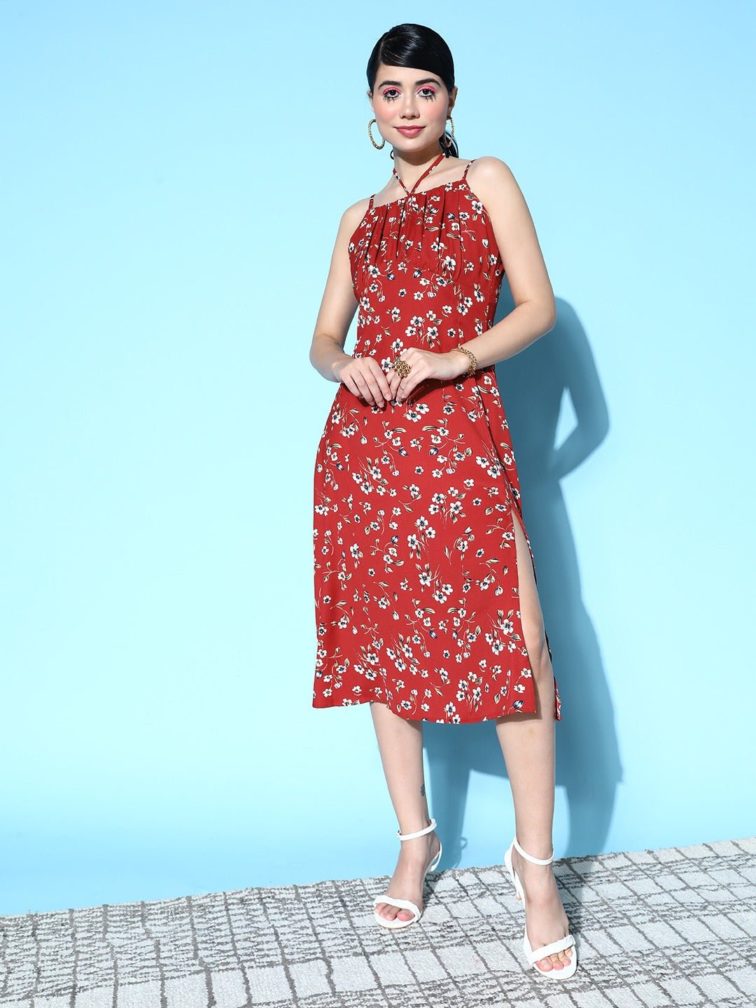 Folk Republic Women Red & White Floral Printed Square Neck Ruched Bust Tie-Up Slit Hem Midi Dress - #folk republic#