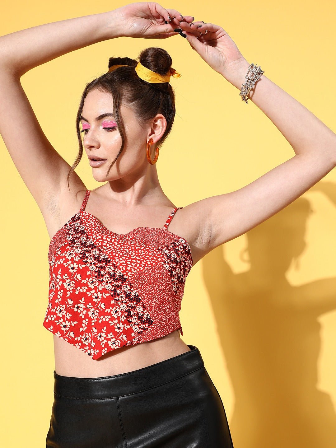 Folk Republic Women Red & White Floral Printed Square Neck Sleeveless Cropped Top - #folk republic#