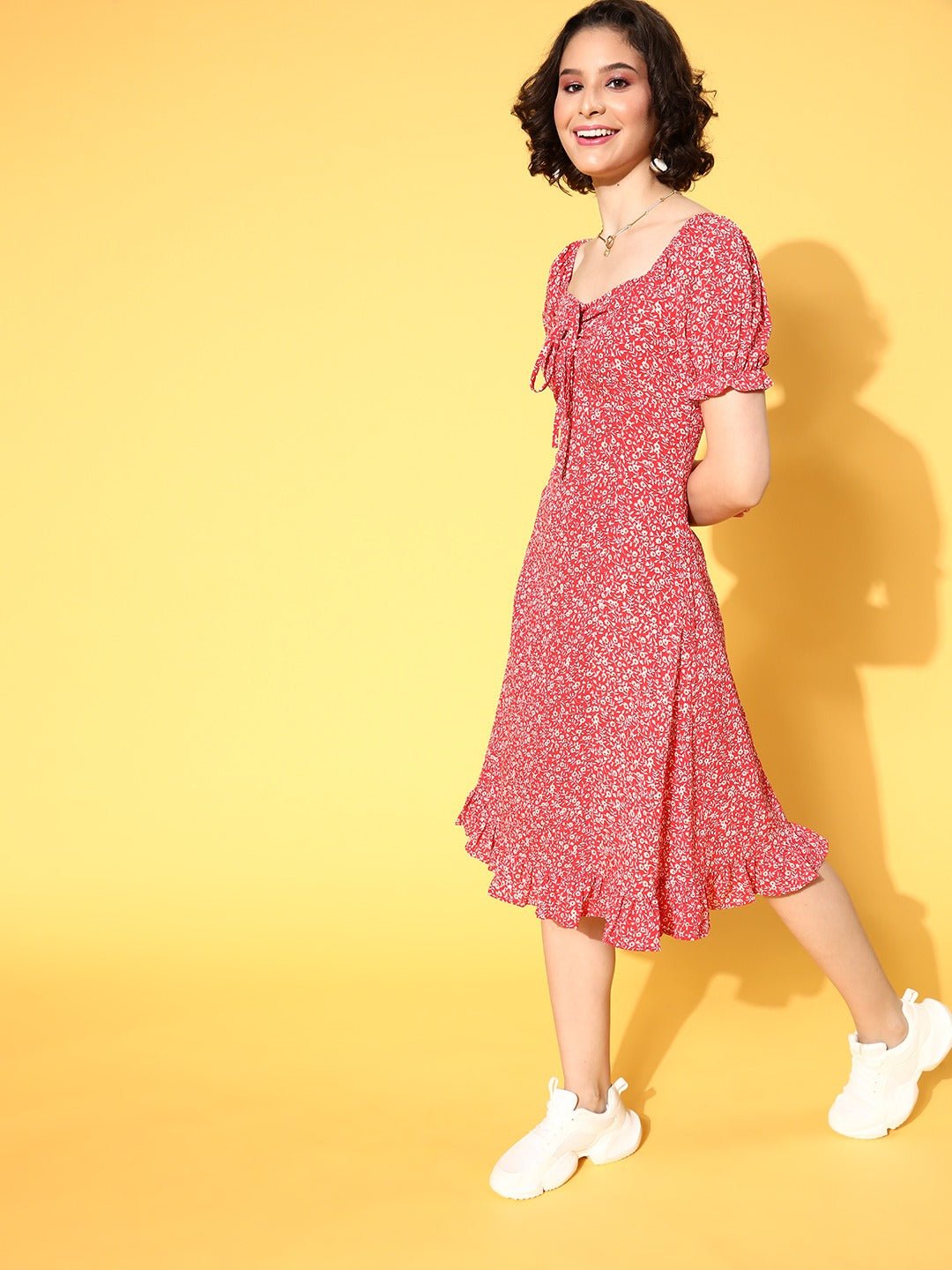 Folk Republic Women Red & White Floral Printed Sweetheart Neck Crepe Ruffled A-Line Midi Dress - #folk republic#