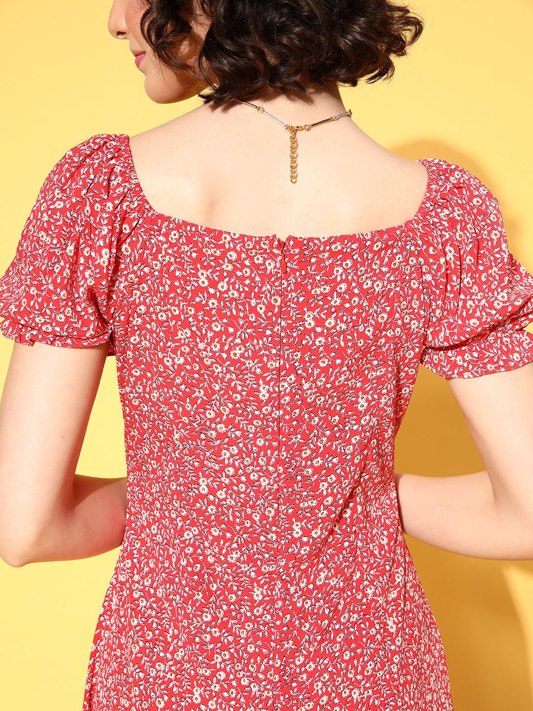 Folk Republic Women Red & White Floral Printed Sweetheart Neck Crepe Ruffled A-Line Midi Dress - #folk republic#