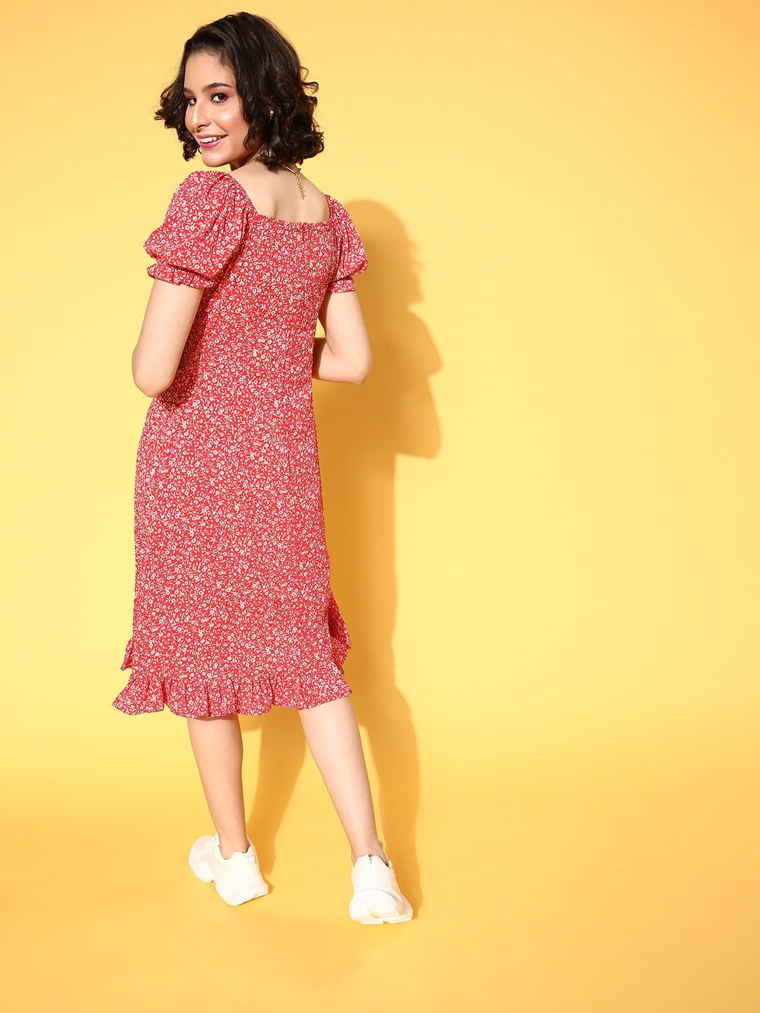 Folk Republic Women Red & White Floral Printed Sweetheart Neck Crepe Ruffled A-Line Midi Dress - #folk republic#