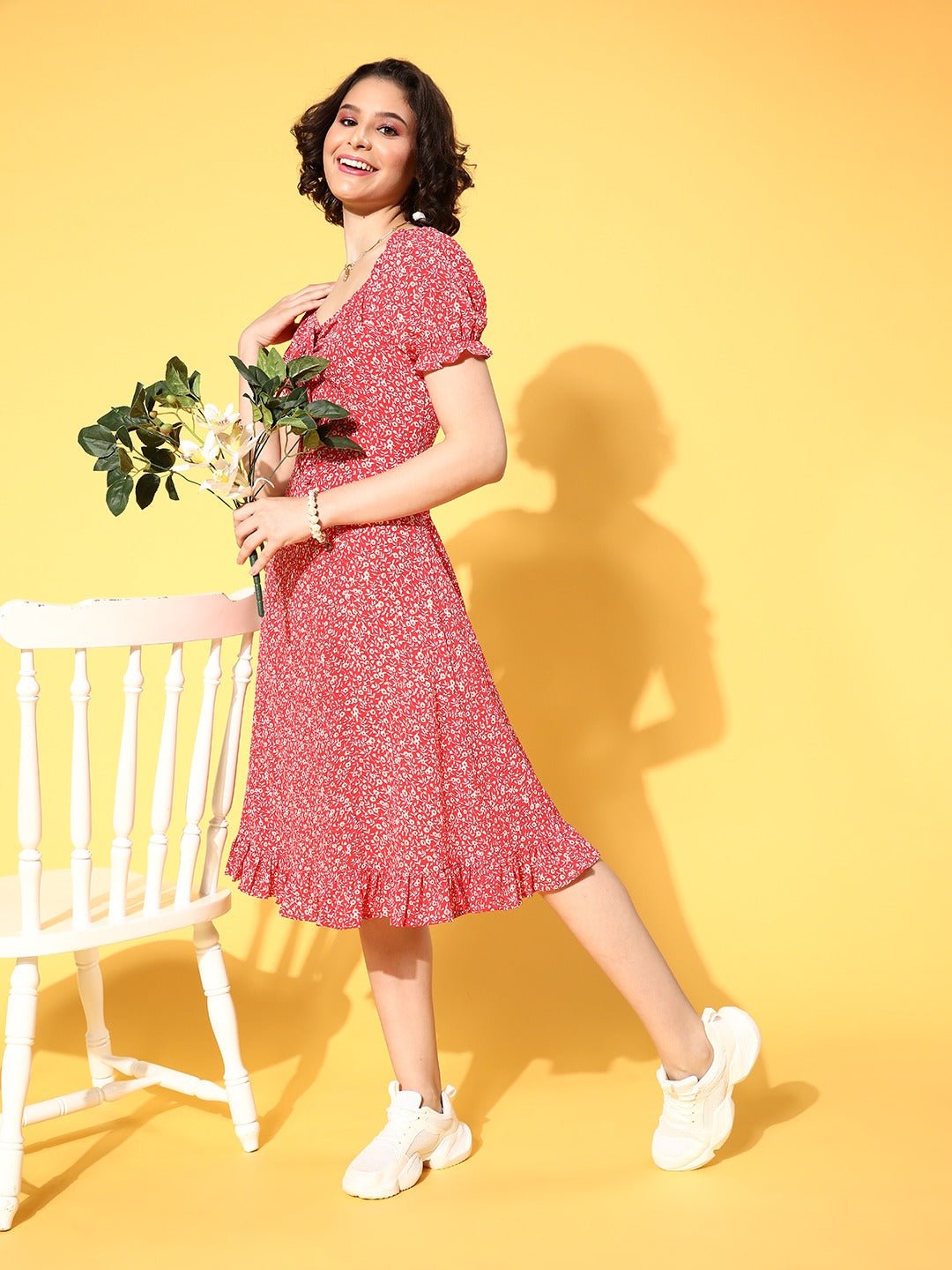 Folk Republic Women Red & White Floral Printed Sweetheart Neck Crepe Ruffled A-Line Midi Dress - #folk republic#