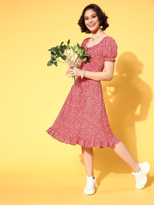 Folk Republic Women Red & White Floral Printed Sweetheart Neck Crepe Ruffled A-Line Midi Dress - #folk republic#