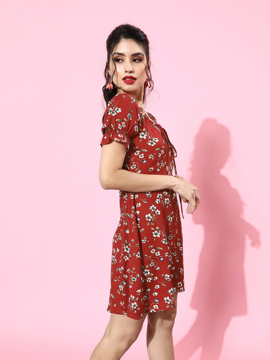 Folk Republic Women Red & White Floral Printed Sweetheart Neck Tie-Up Front Crepe Fit & Flare Mini Dress - #folk republic#