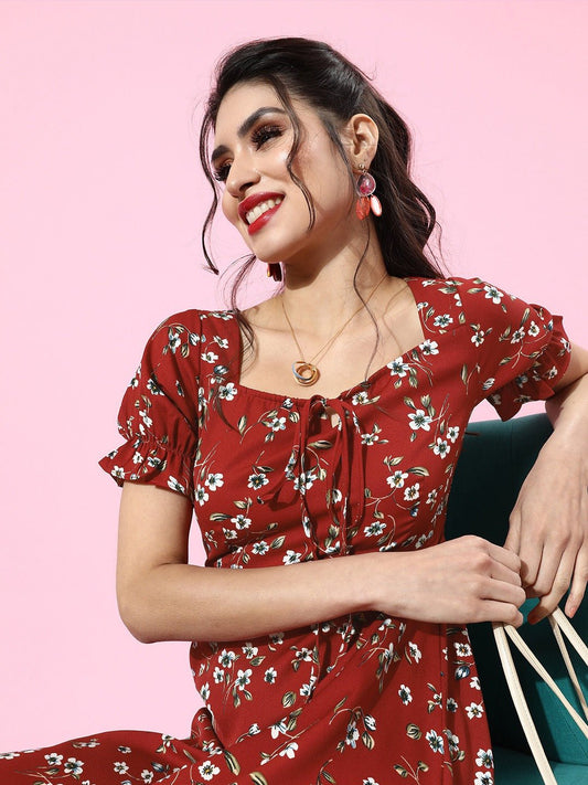Folk Republic Women Red & White Floral Printed Sweetheart Neck Tie-Up Front Crepe Fit & Flare Mini Dress - #folk republic#