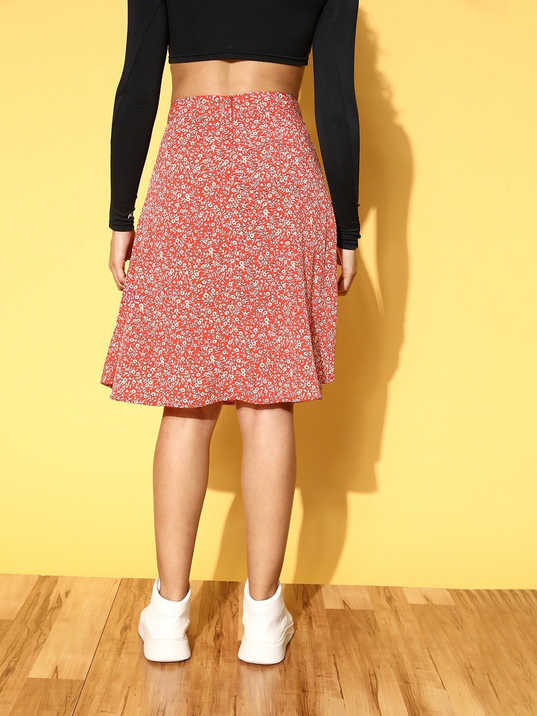 Folk Republic Women Red & White Floral Printed Thigh-High Slit Flared A-Line Midi Skirt - #folk republic#