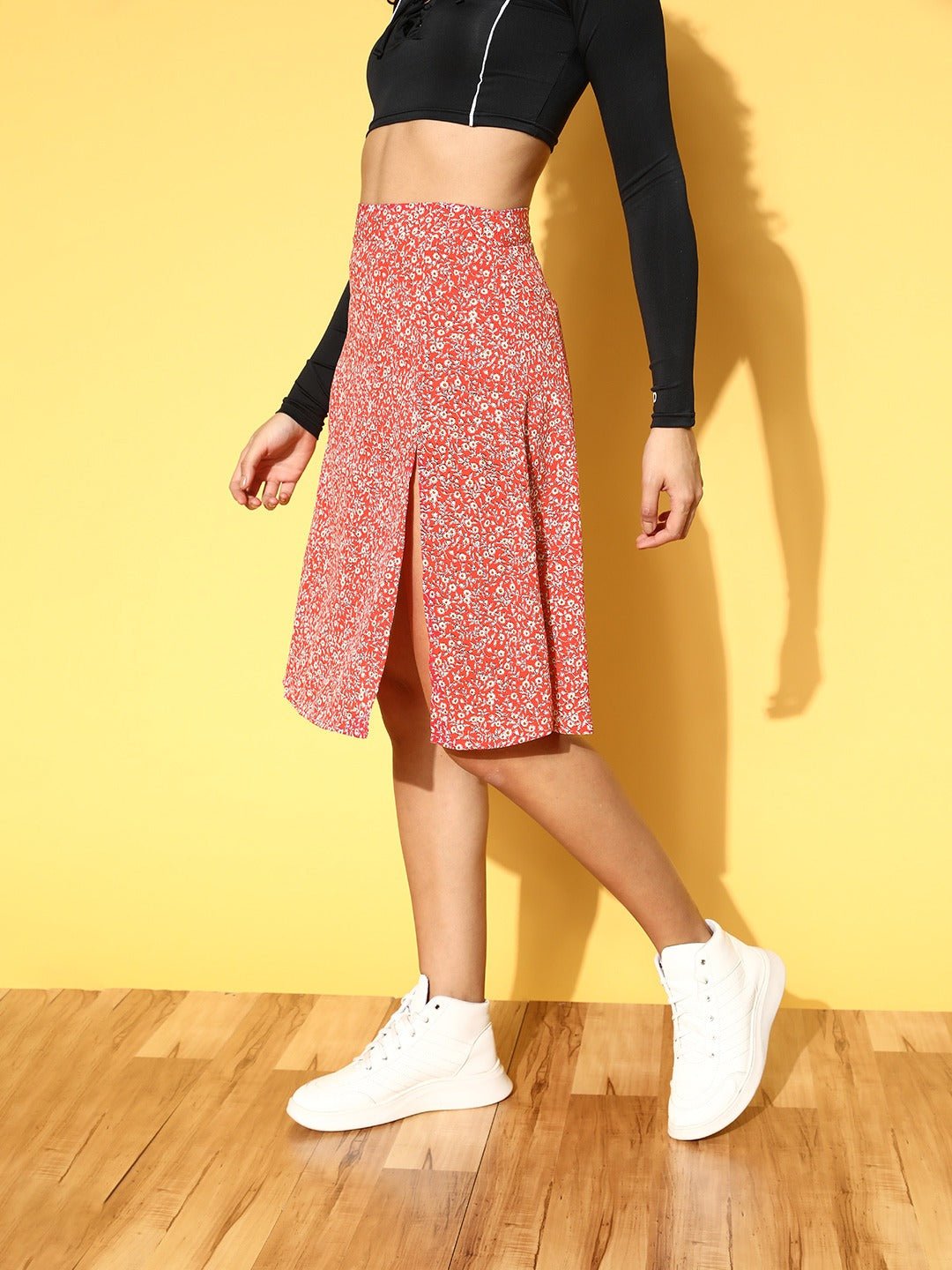 Folk Republic Women Red & White Floral Printed Thigh-High Slit Flared A-Line Midi Skirt - #folk republic#