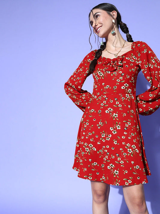 Folk Republic Women Red & White Floral Printed V-Neck Crepe Flared A-Line Mini Dress - #folk republic#