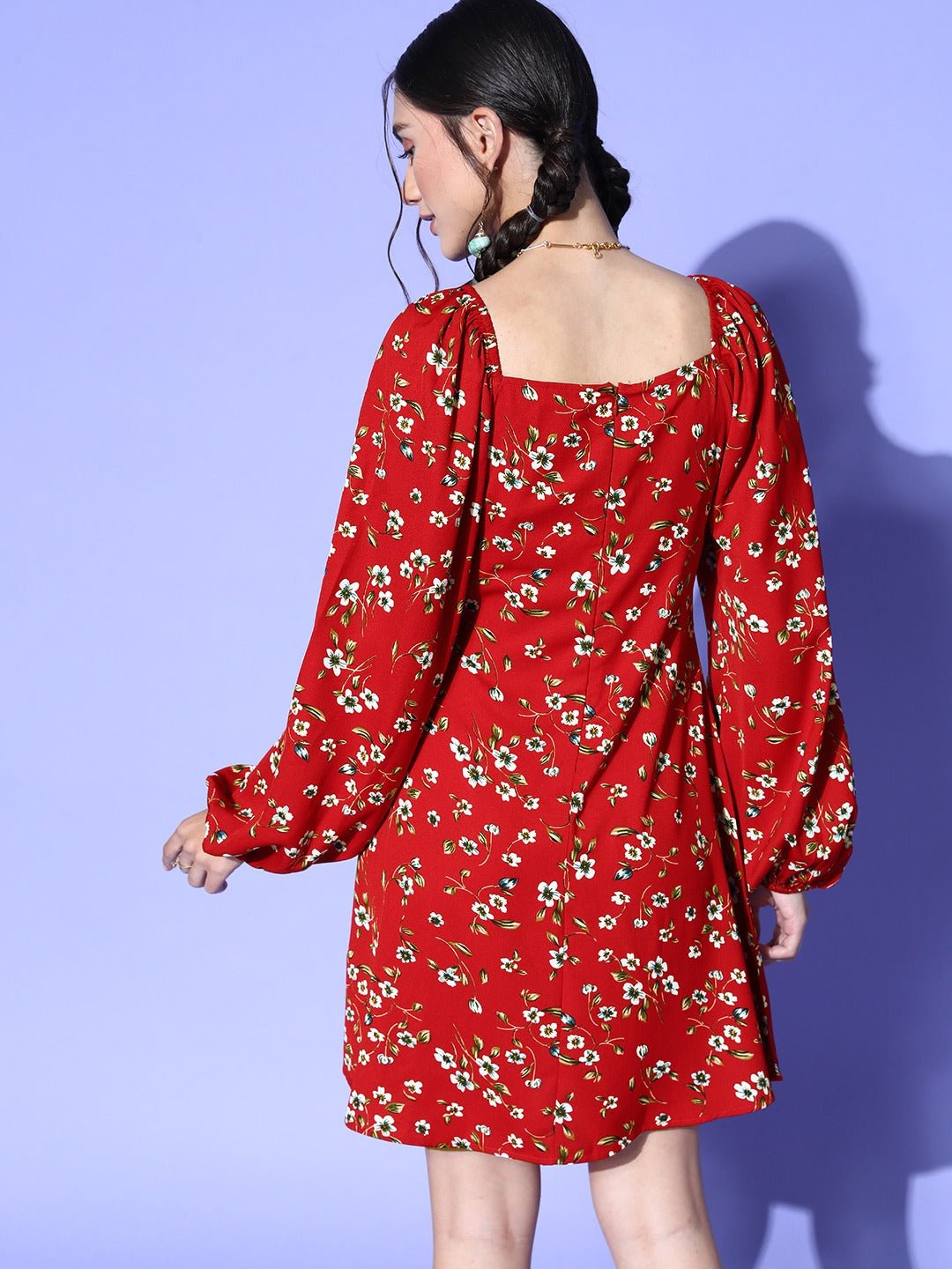 Folk Republic Women Red & White Floral Printed V-Neck Crepe Flared A-Line Mini Dress - #folk republic#