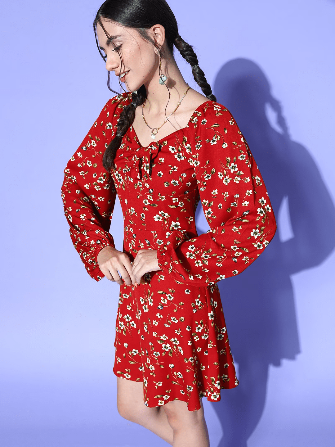 Folk Republic Women Red & White Floral Printed V-Neck Crepe Flared A-Line Mini Dress - #folk republic#