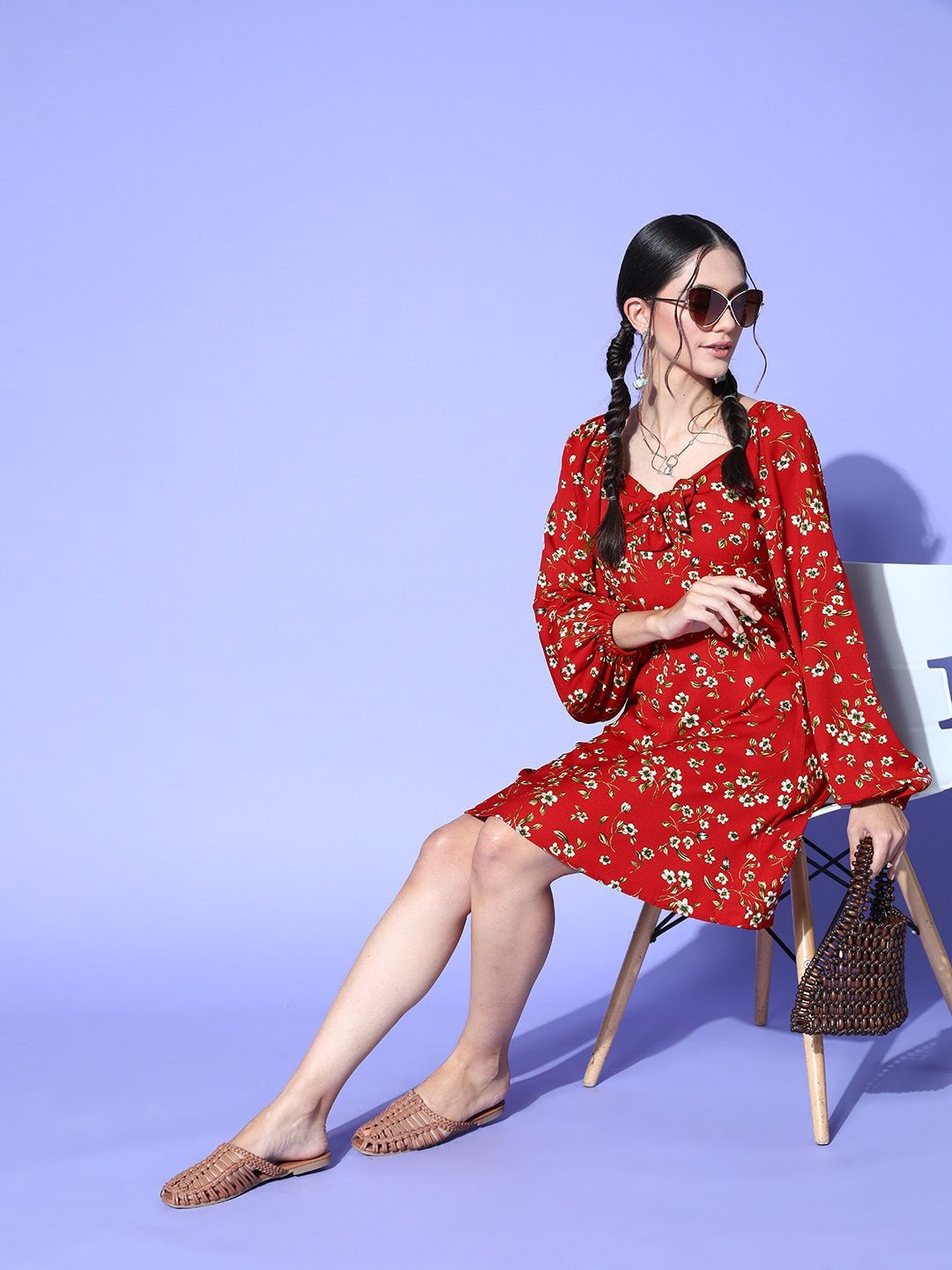 Folk Republic Women Red & White Floral Printed V-Neck Crepe Flared A-Line Mini Dress - #folk republic#