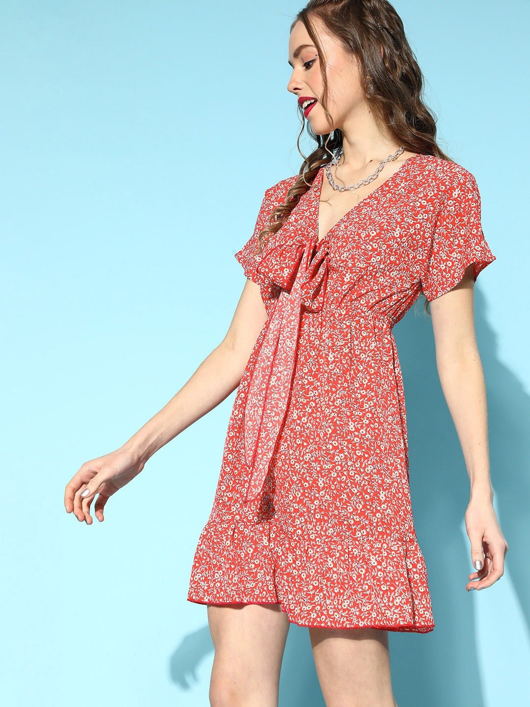 Folk Republic Women Red & White Floral Printed V-Neck Front Tie-Up Crepe Flounce Hem A-Line Mini Dress - #folk republic#