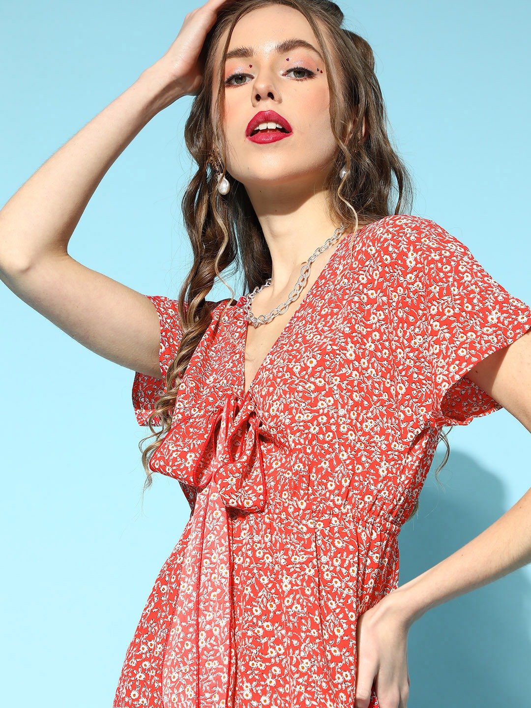Folk Republic Women Red & White Floral Printed V-Neck Front Tie-Up Crepe Flounce Hem A-Line Mini Dress - #folk republic#