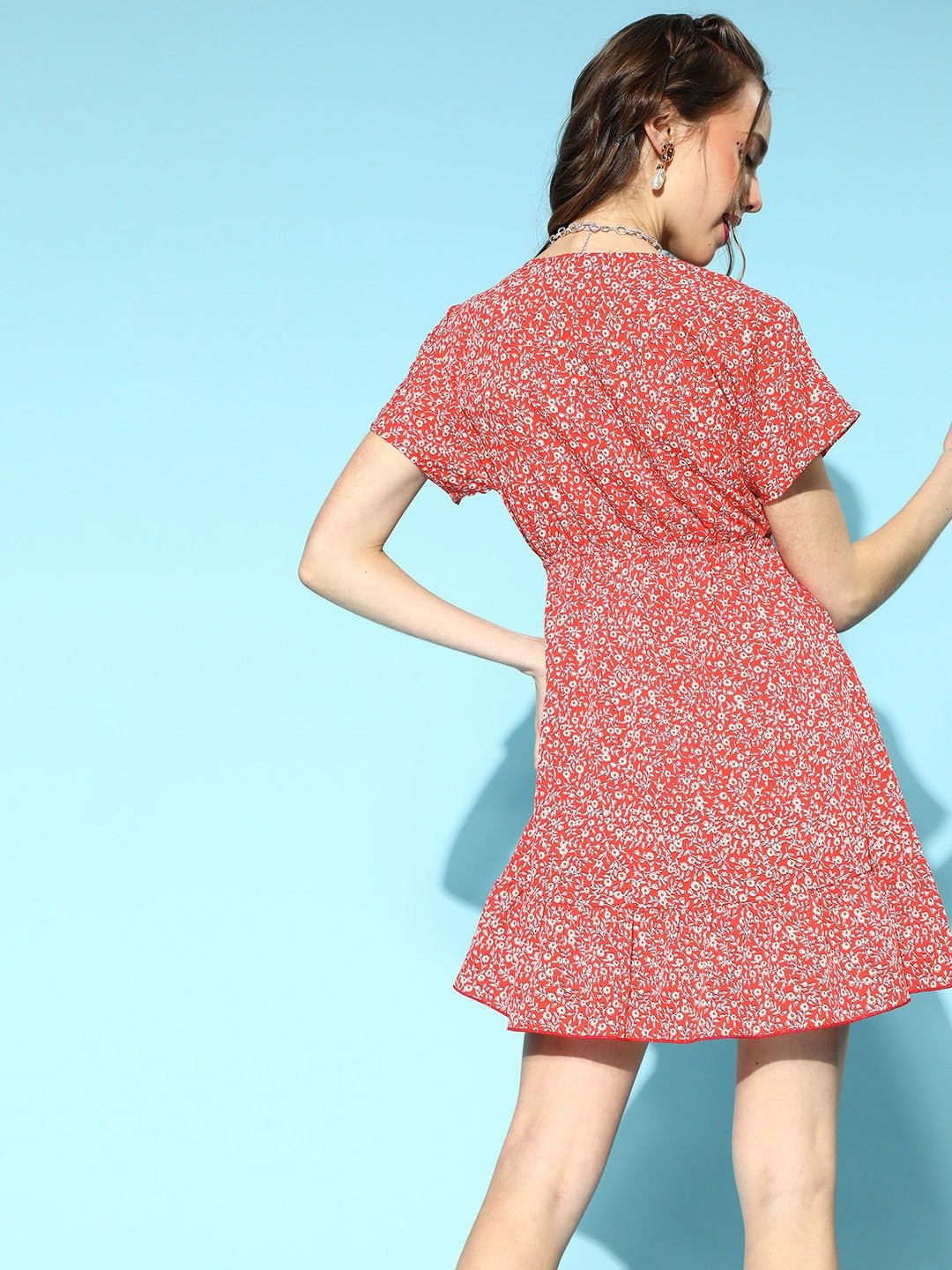 Folk Republic Women Red & White Floral Printed V-Neck Front Tie-Up Crepe Flounce Hem A-Line Mini Dress - #folk republic#