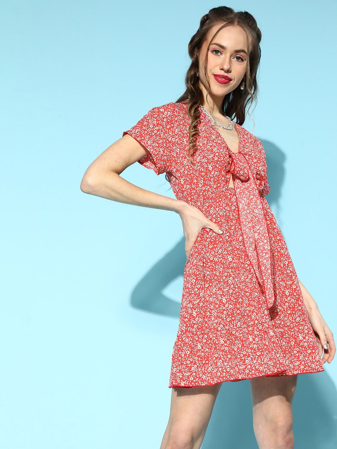 Folk Republic Women Red & White Floral Printed V-Neck Front Tie-Up Crepe Flounce Hem A-Line Mini Dress - #folk republic#