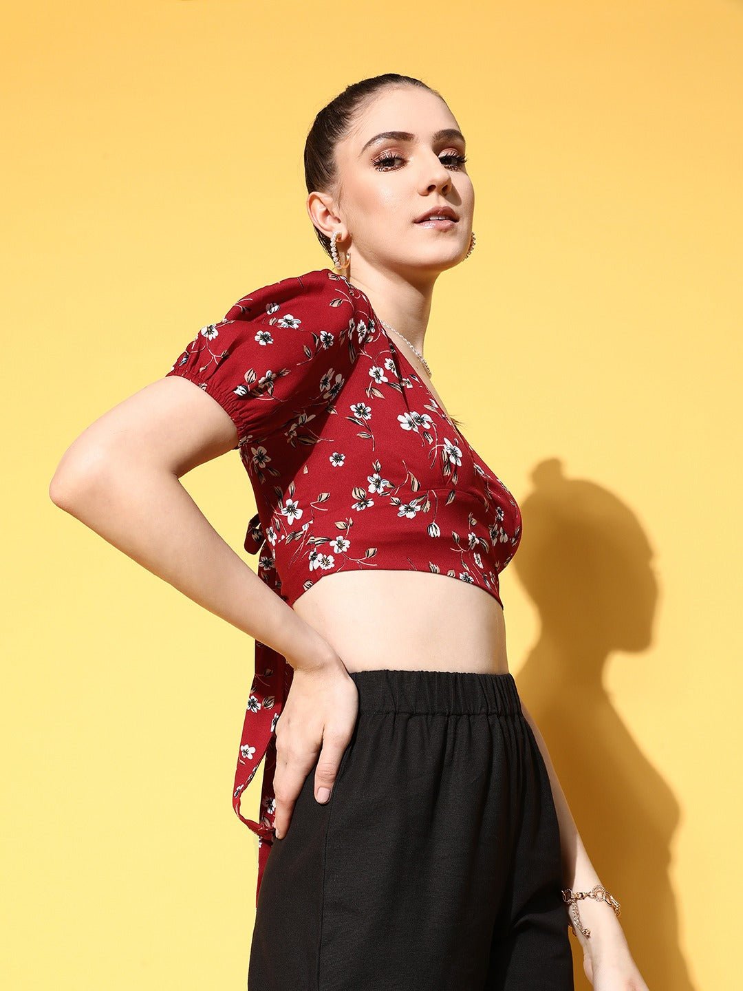 Folk Republic Women Red & White Floral Printed V-Neck Tie-Up Back Crepe Wrap Cropped Top - #folk republic#