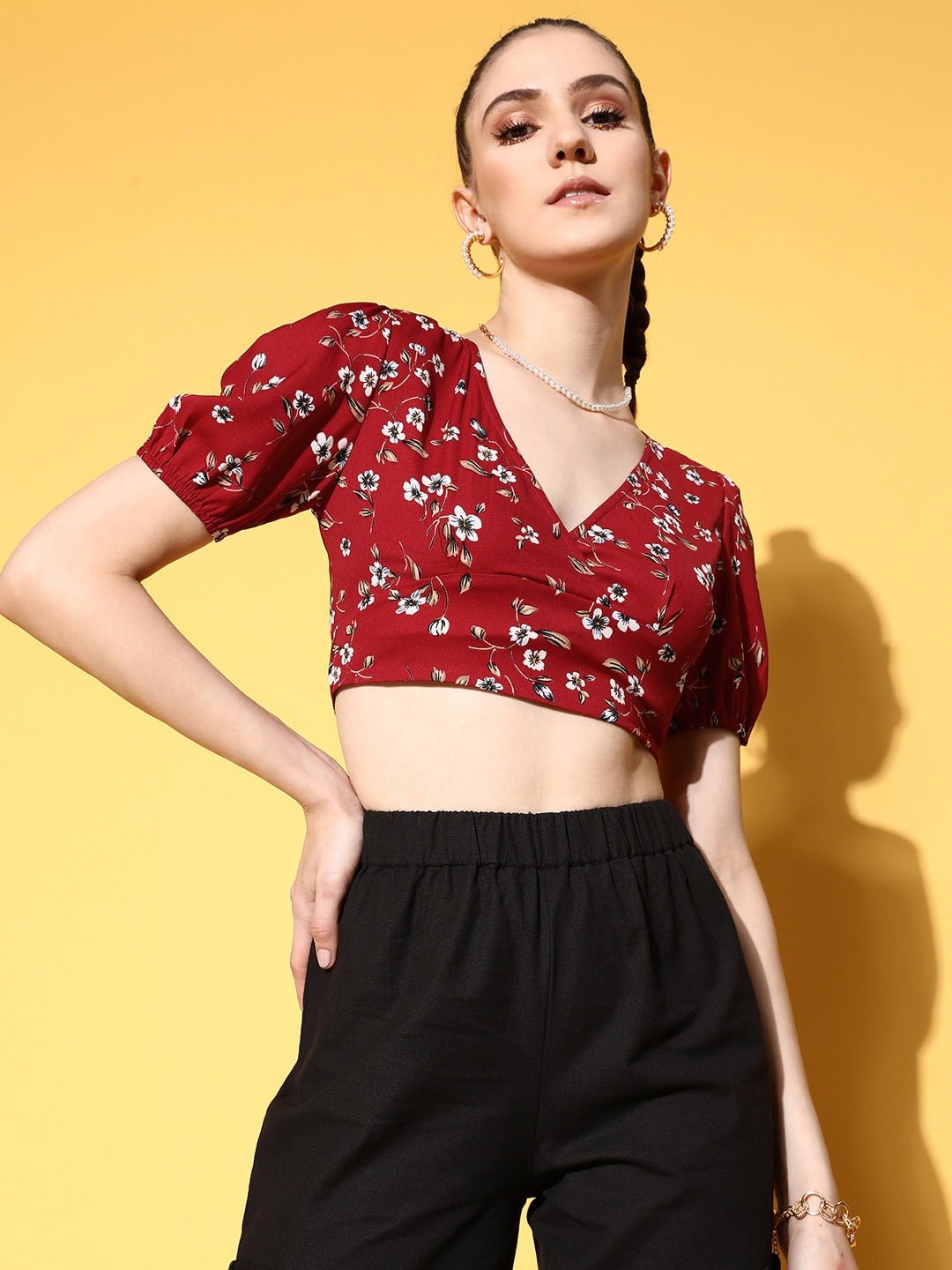 Folk Republic Women Red & White Floral Printed V-Neck Tie-Up Back Crepe Wrap Cropped Top - #folk republic#