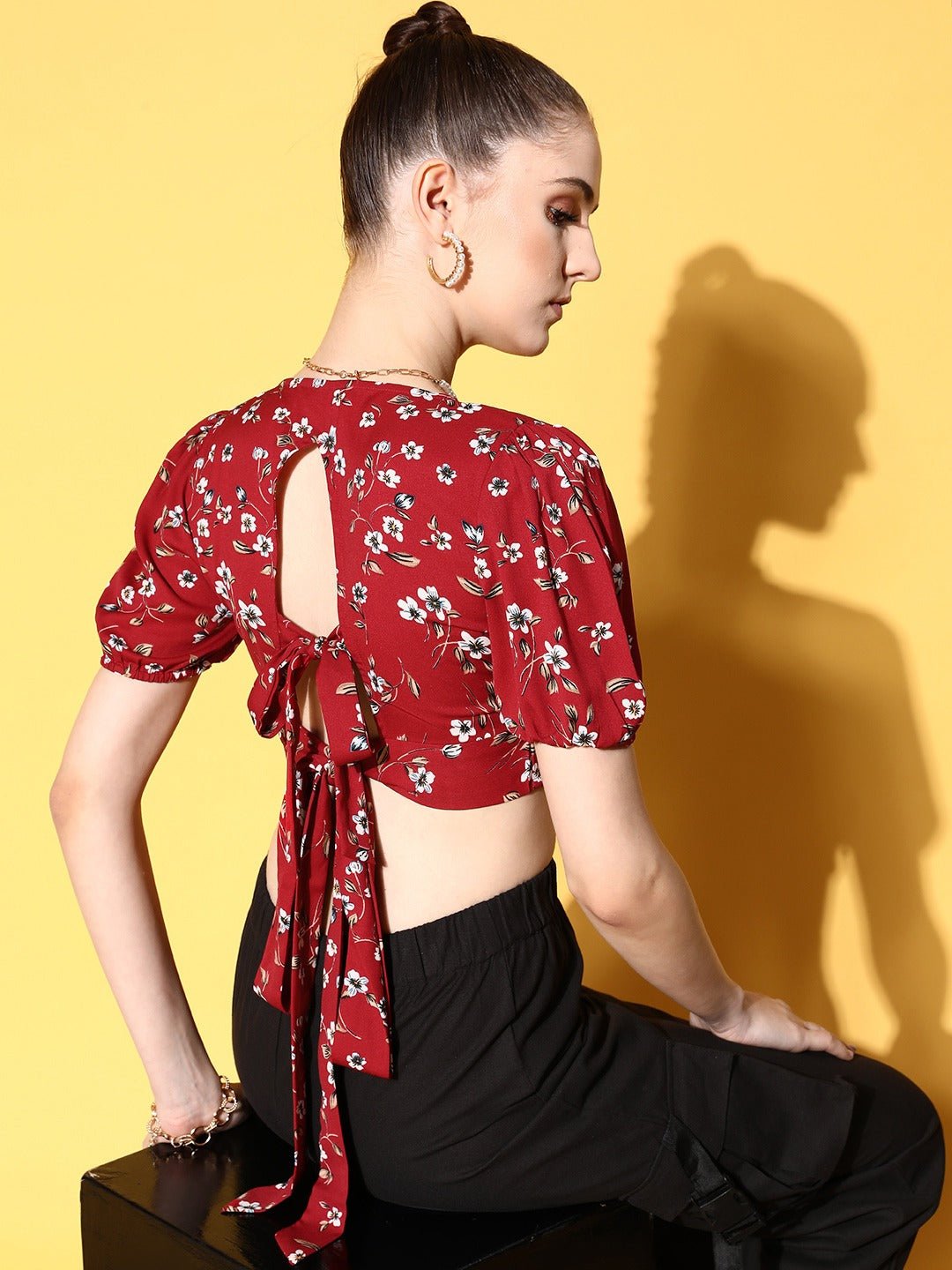 Folk Republic Women Red & White Floral Printed V-Neck Tie-Up Back Crepe Wrap Cropped Top - #folk republic#