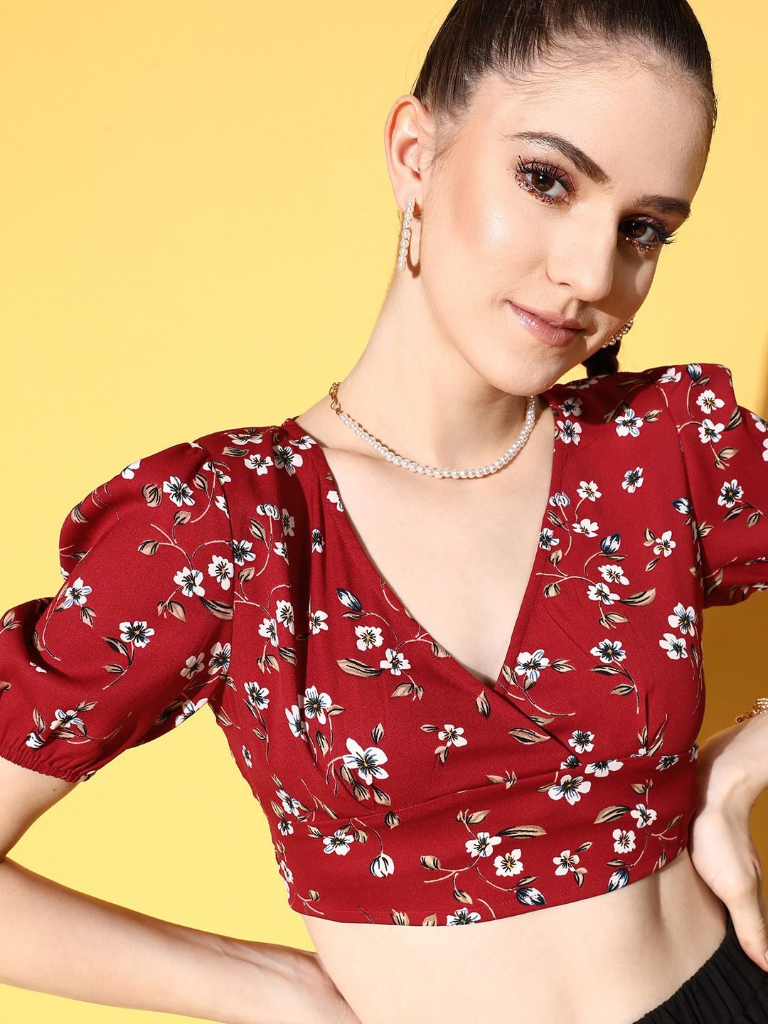 Folk Republic Women Red & White Floral Printed V-Neck Tie-Up Back Crepe Wrap Cropped Top - #folk republic#