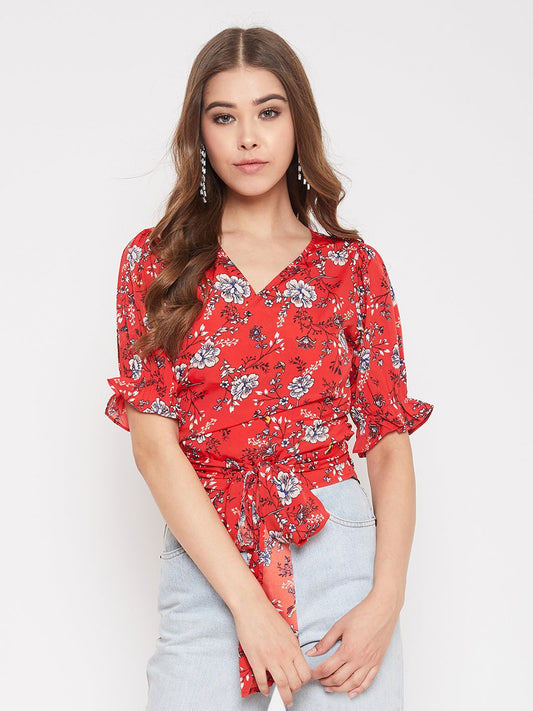 Folk Republic Women Red & White Floral Printed V-Neck Tie-Up Knot Wrap Top - #folk republic#