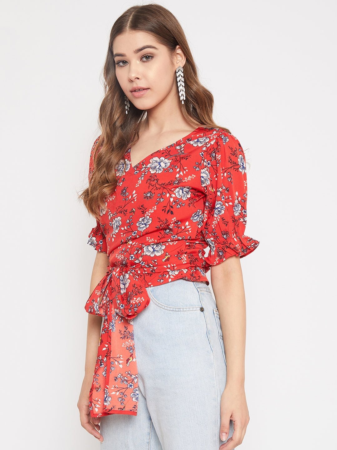 Folk Republic Women Red & White Floral Printed V-Neck Tie-Up Knot Wrap Top - #folk republic#