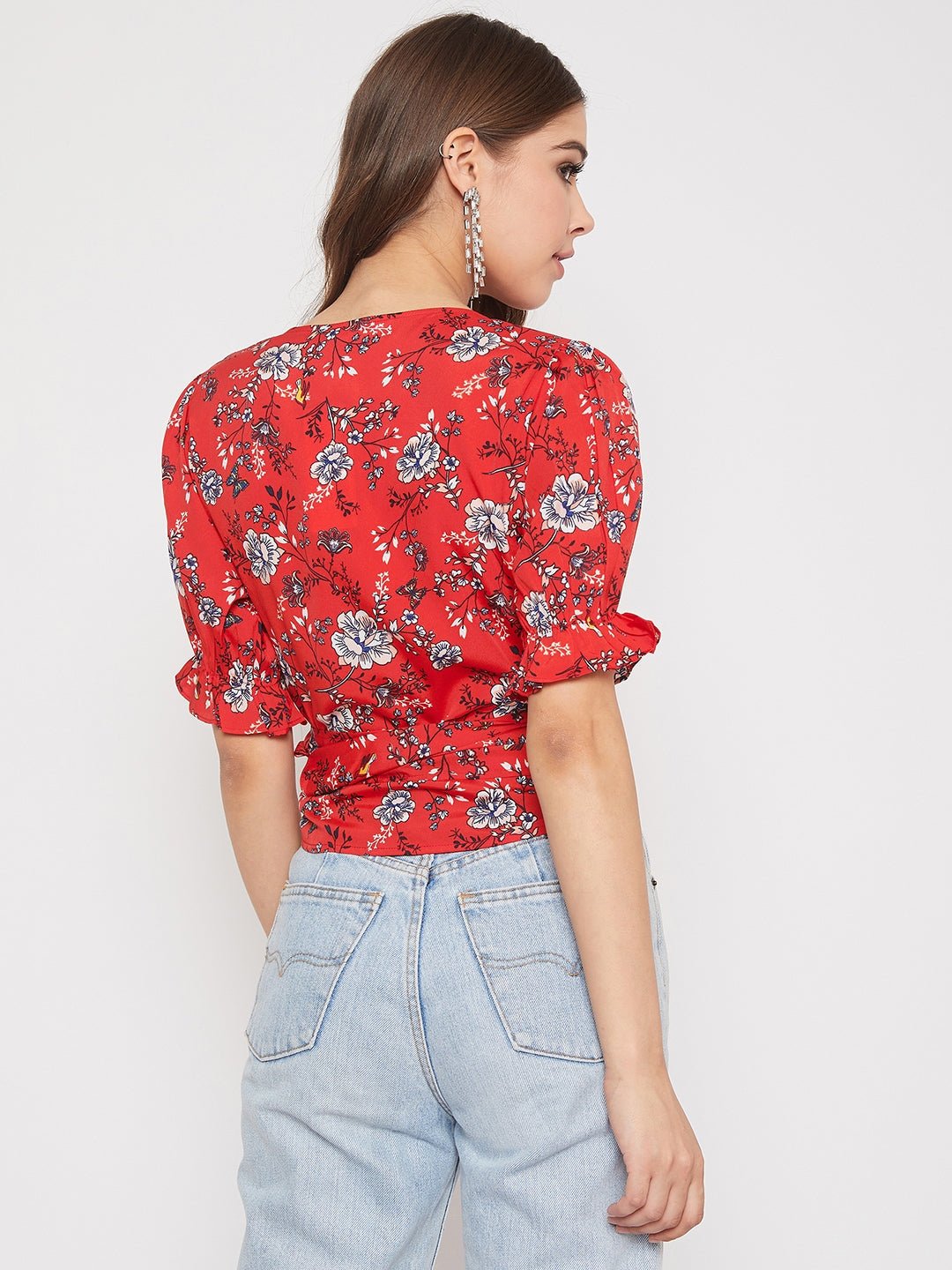 Folk Republic Women Red & White Floral Printed V-Neck Tie-Up Knot Wrap Top - #folk republic#