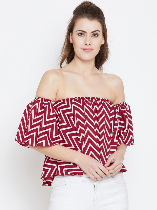 Folk Republic Women Red & White Geometric Printed Off-Shoulder Neck Ruffled Crop Bardot Top - #folk republic#