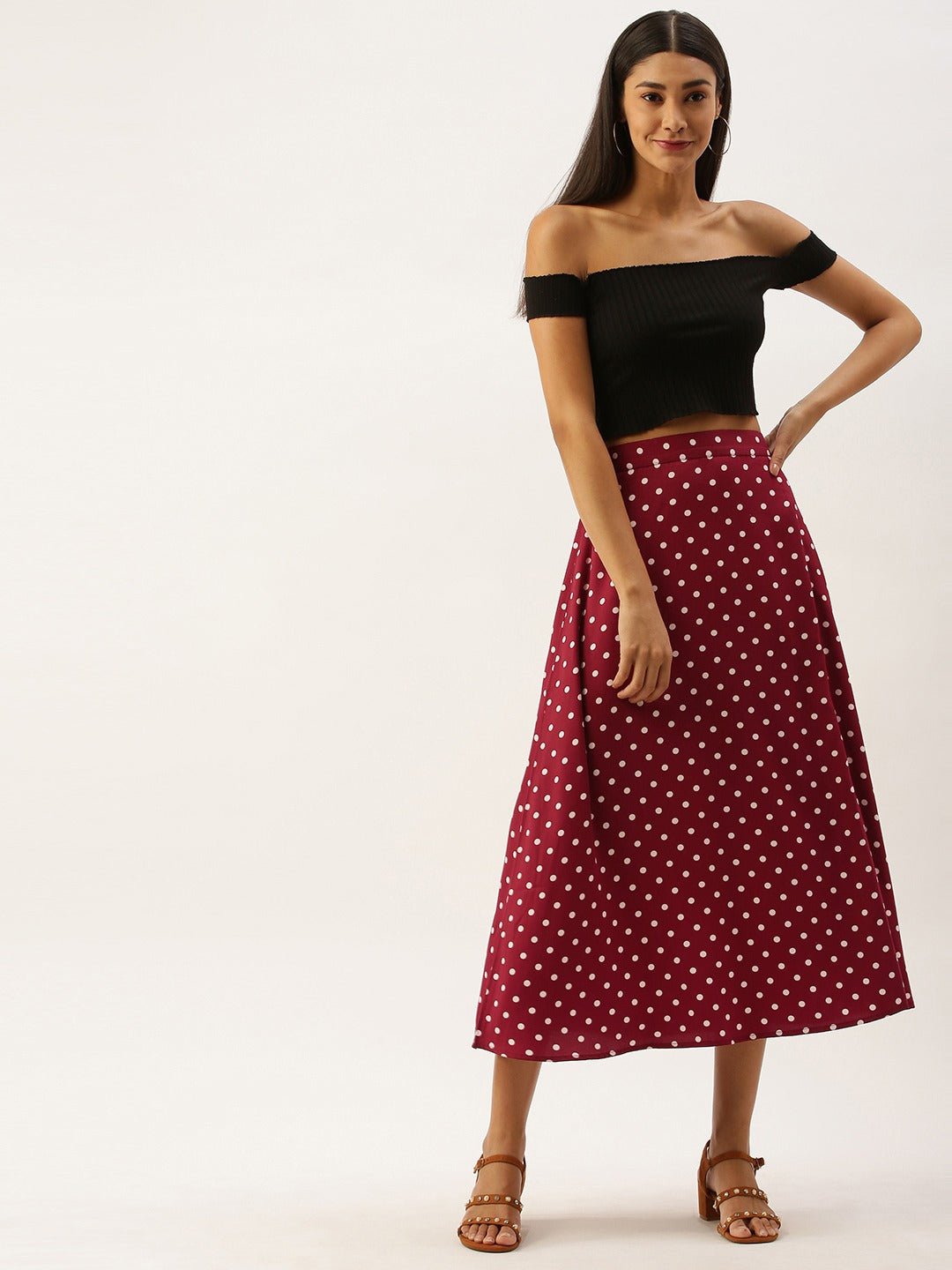 Folk Republic Women Red & White Polka Dot Printed Midi Skirt - #folk republic#