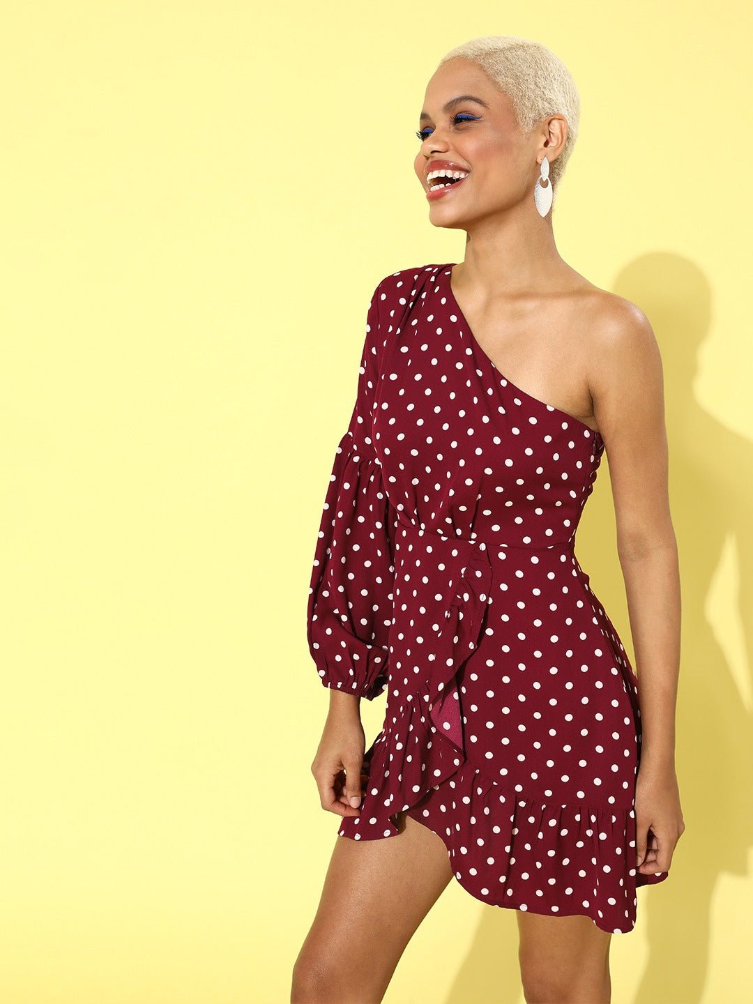 Folk Republic Women Red & White Polka Dot Printed One-Shoulder Fit & Flare Mini Dress - #folk republic#