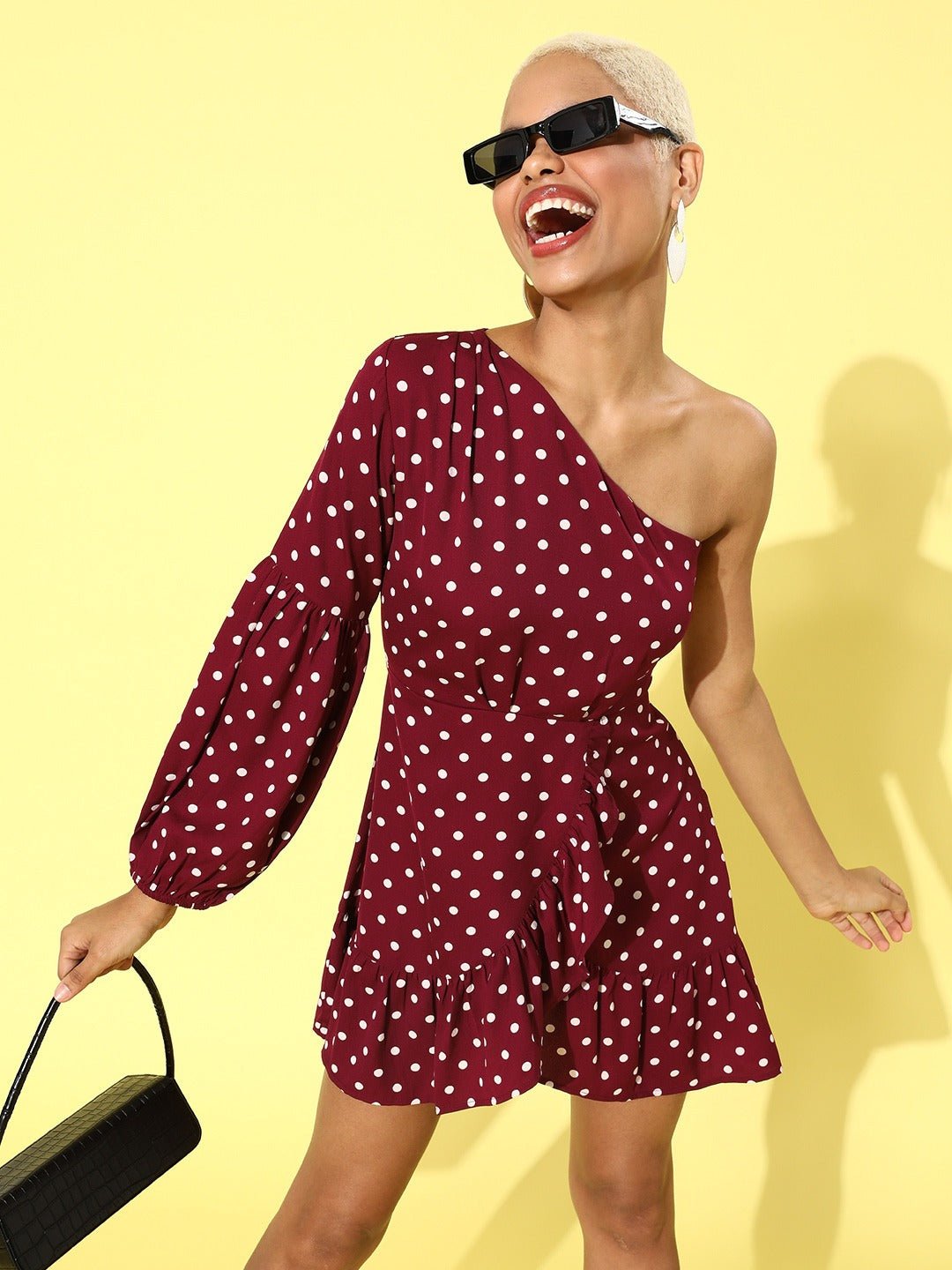 Folk Republic Women Red & White Polka Dot Printed One-Shoulder Fit & Flare Mini Dress - #folk republic#