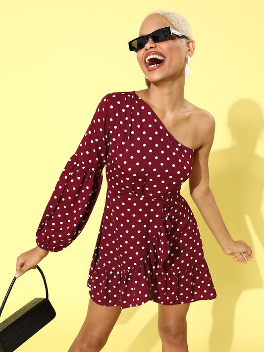Folk Republic Women Red & White Polka Dot Printed One-Shoulder Fit & Flare Mini Dress - #folk republic#