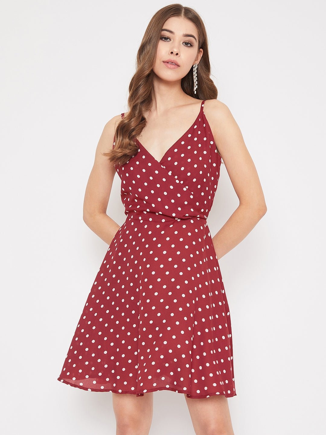 Folk Republic Women Red & White Polka Dot Printed V-Neck Fit & Flare Mini Dress - #folk republic#
