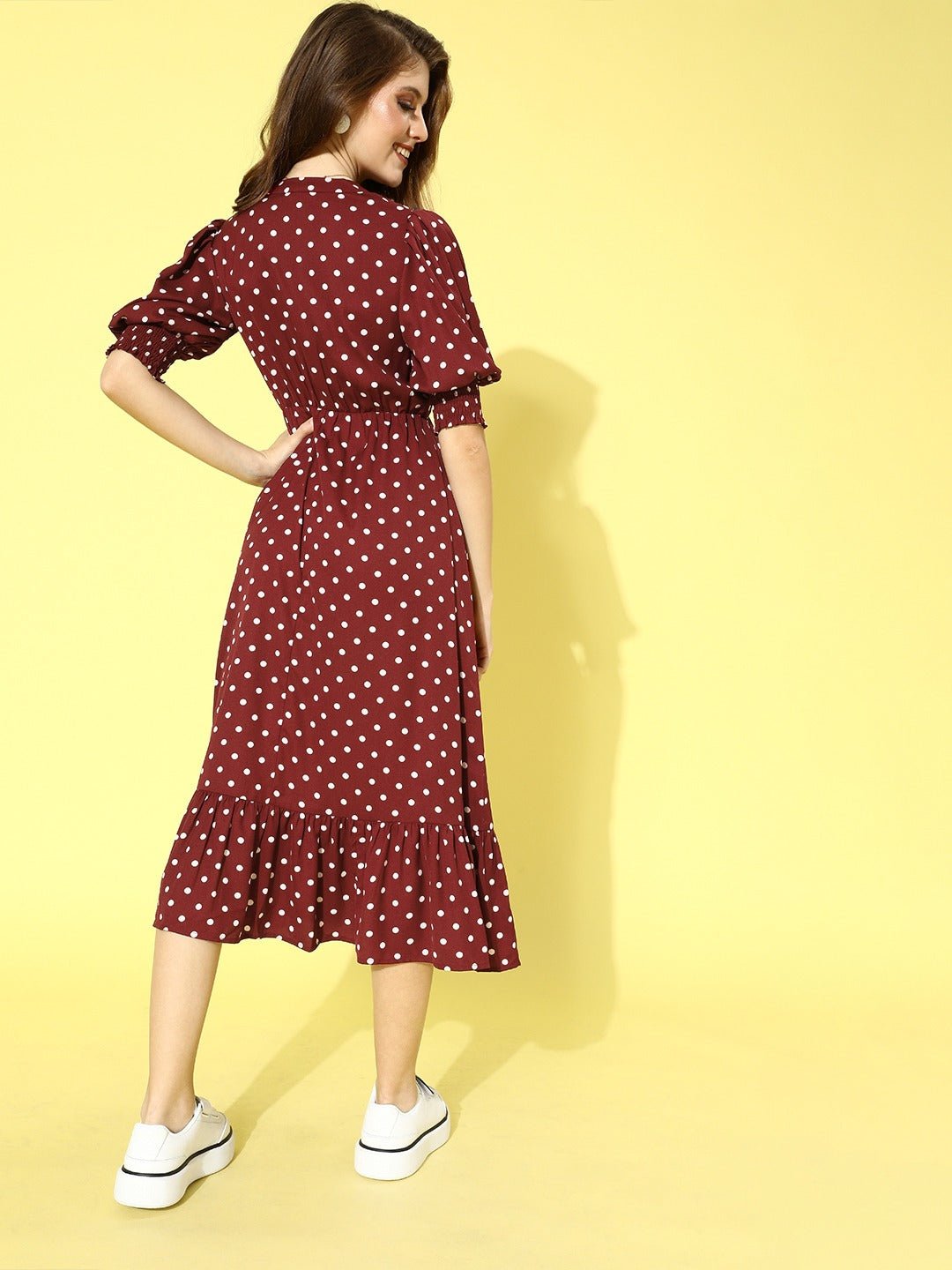 Folk Republic Women Red & White Smocked Waist Ruffle A-Line Midi Dress - #folk republic#