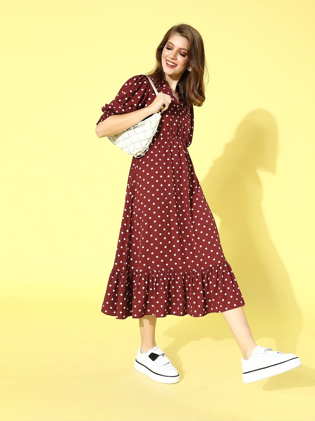 Folk Republic Women Red & White Smocked Waist Ruffle A-Line Midi Dress - #folk republic#
