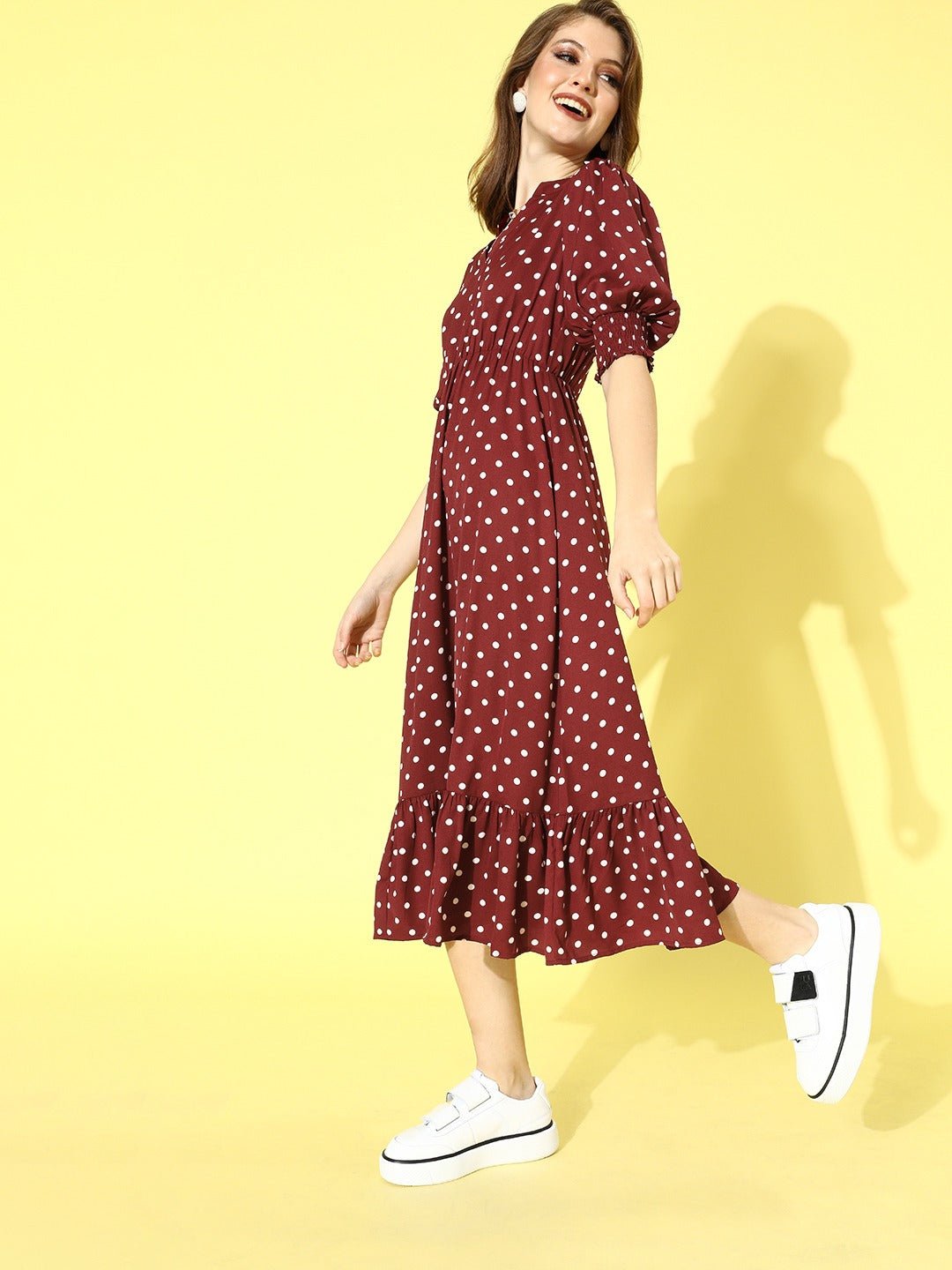 Folk Republic Women Red & White Smocked Waist Ruffle A-Line Midi Dress - #folk republic#