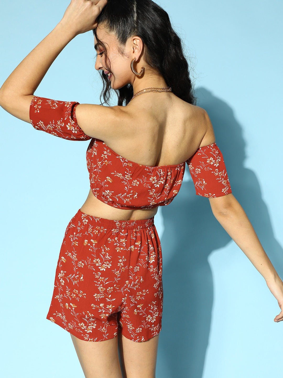 Folk Republic Women Rust Red & White Floral Printed Off-Shoulder Neck Elastic Waist Crop Top & Shorts Co-Ordinate Set - #folk republic#