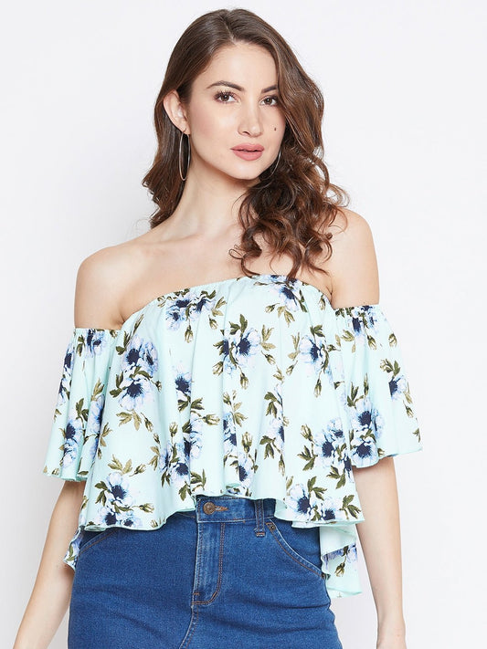 Folk Republic Women Sea Green & Blue Floral Printed Off-Shoulder Strapless Bardot Top - #folk republic#