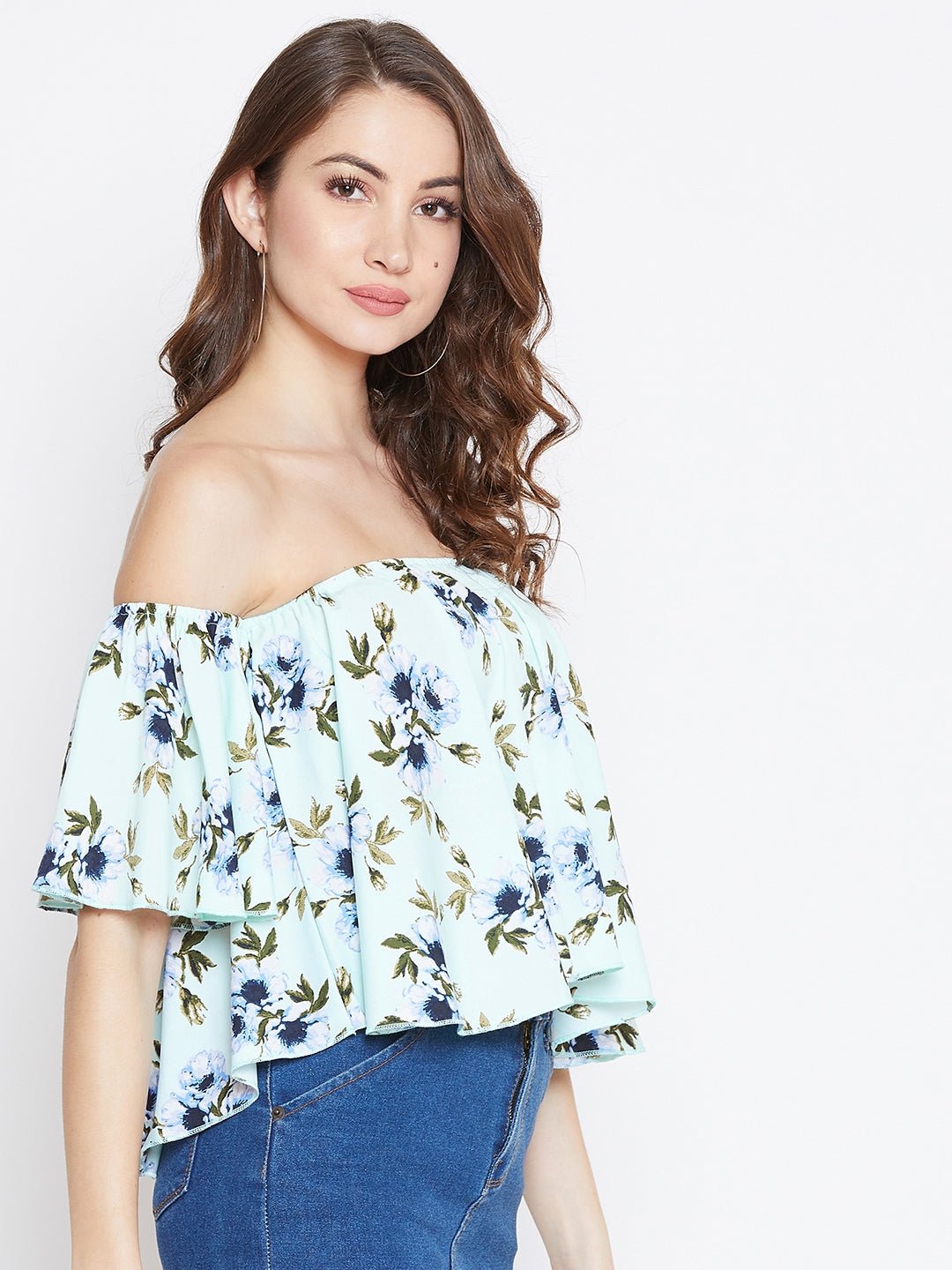 Folk Republic Women Sea Green & Blue Floral Printed Off-Shoulder Strapless Bardot Top - #folk republic#