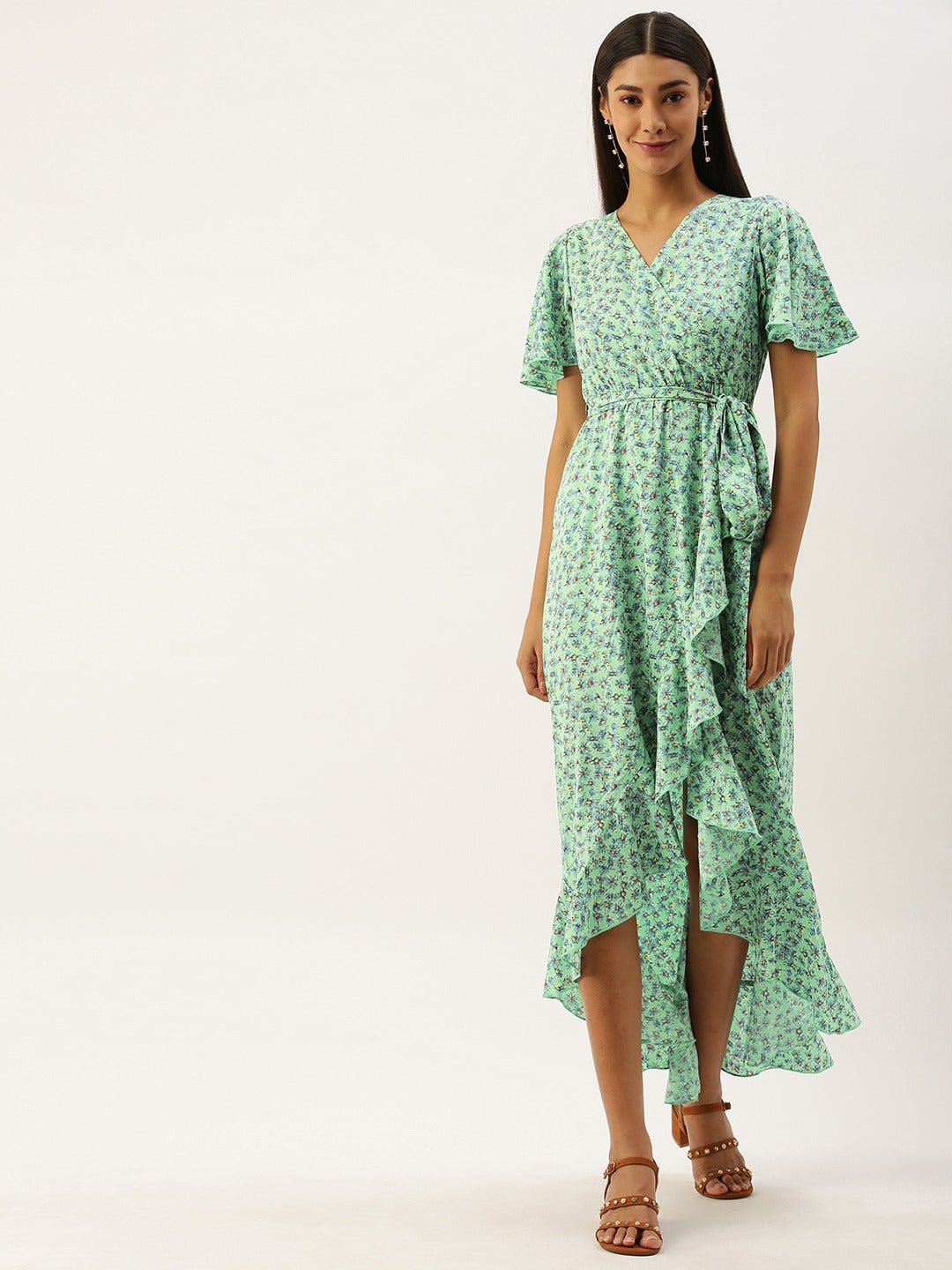 Folk Republic Women Sky Blue Floral Printed Wrap Maxi Dress - #folk republic#