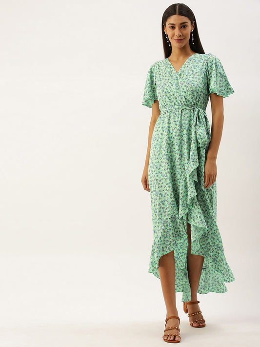 Folk Republic Women Sky Blue Floral Printed Wrap Maxi Dress - #folk republic#