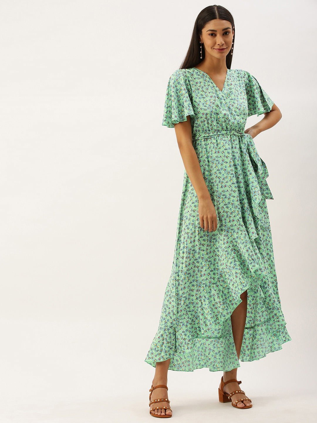 Folk Republic Women Sky Blue Floral Printed Wrap Maxi Dress - #folk republic#