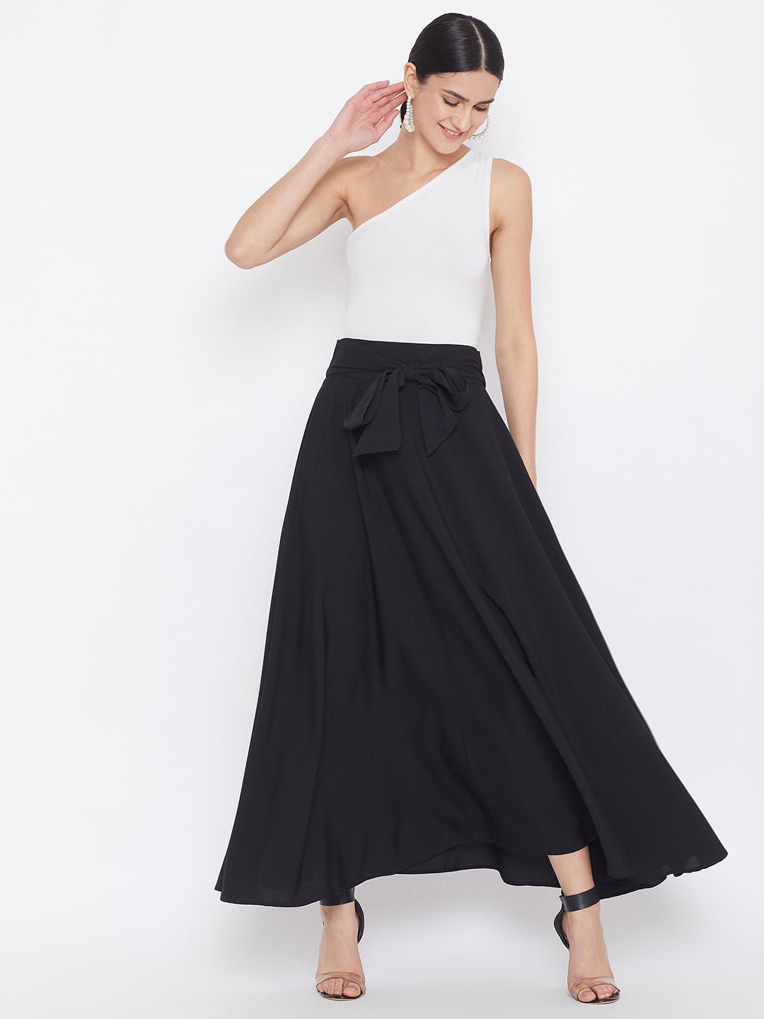 Folk Republic Women Solid Black Bow-Tie High-Waist Maxi Skirt - #folk republic#