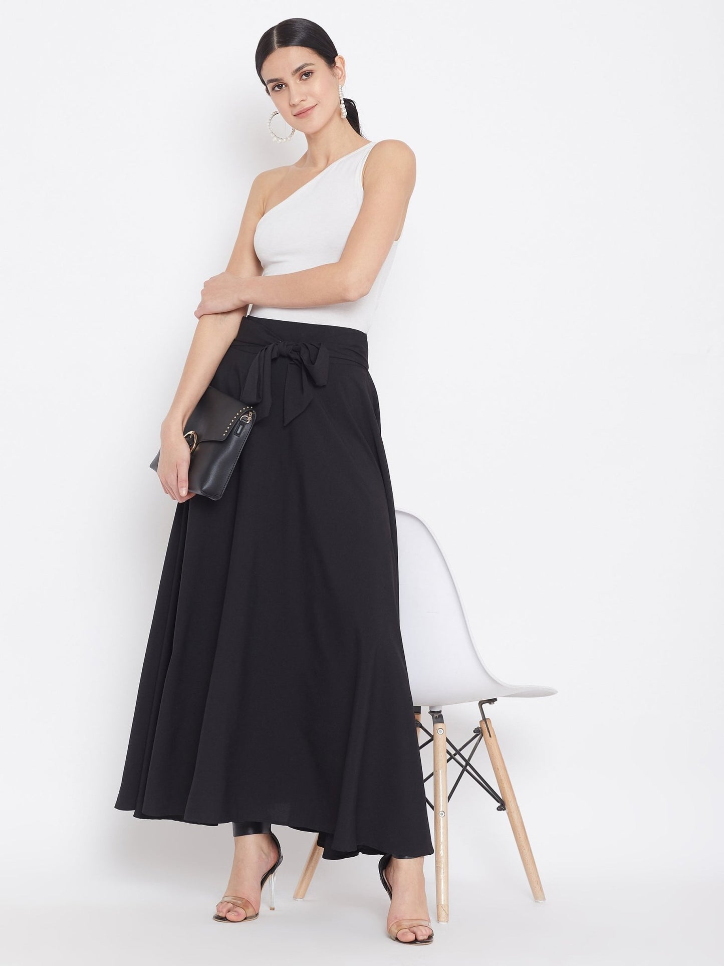 Folk Republic Women Solid Black Bow-Tie High-Waist Maxi Skirt - #folk republic#
