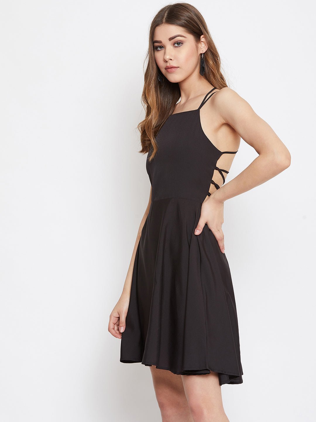 Folk Republic Women Solid Black Caged Back Tie-Up Fit & Flare Mini Dress - #folk republic#