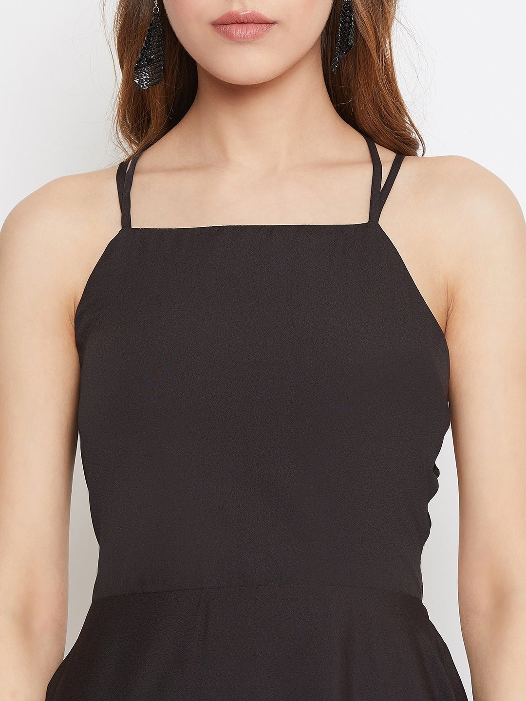 Folk Republic Women Solid Black Caged Back Tie-Up Fit & Flare Mini Dress - #folk republic#