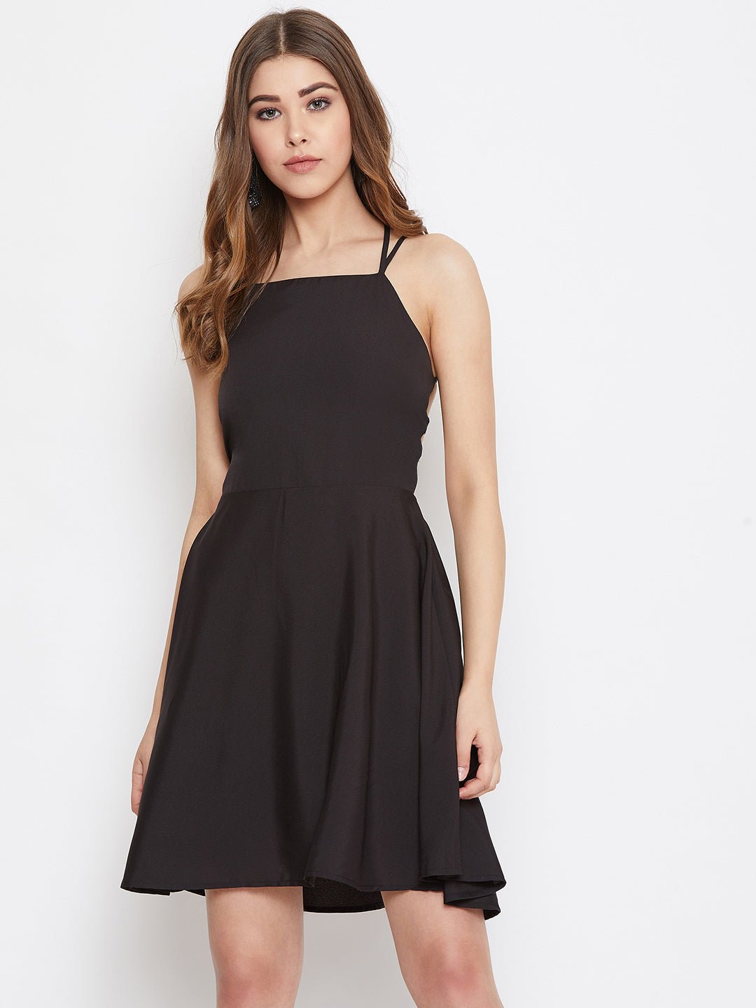 Folk Republic Women Solid Black Caged Back Tie-Up Fit & Flare Mini Dress - #folk republic#