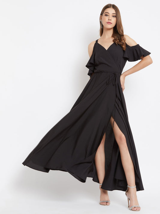 Folk Republic Women Solid Black Cold Shoulder Wrap Maxi Dress - #folk republic#