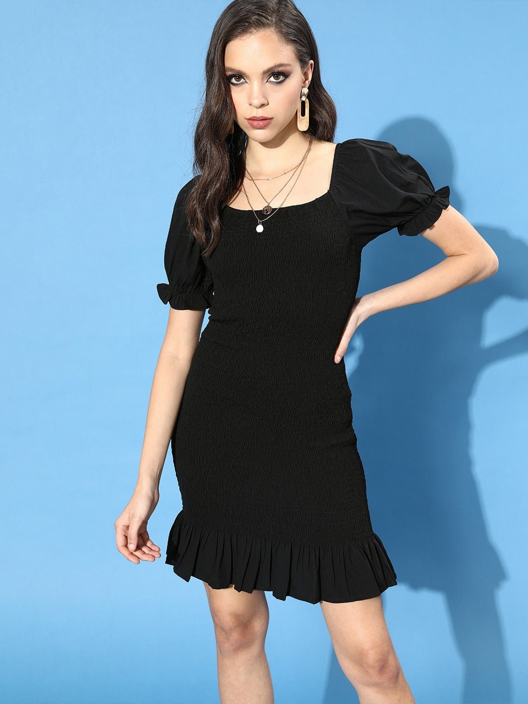 Folk Republic Women Solid Black Crepe Bodycon Fit & Flare Mini Dress - #folk republic#