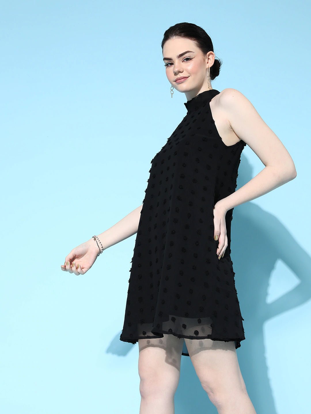 Folk Republic Women Solid Black Dobby Weave Halter Neck Tie-Up Back Georgette Flared A-Line Mini Dress - #folk republic#