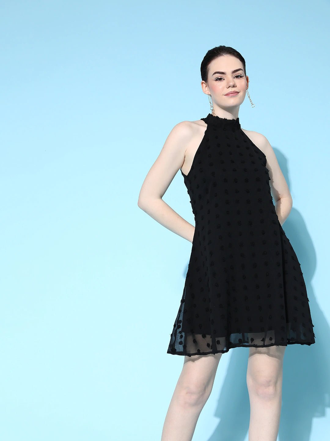 Folk Republic Women Solid Black Dobby Weave Halter Neck Tie-Up Back Georgette Flared A-Line Mini Dress - #folk republic#